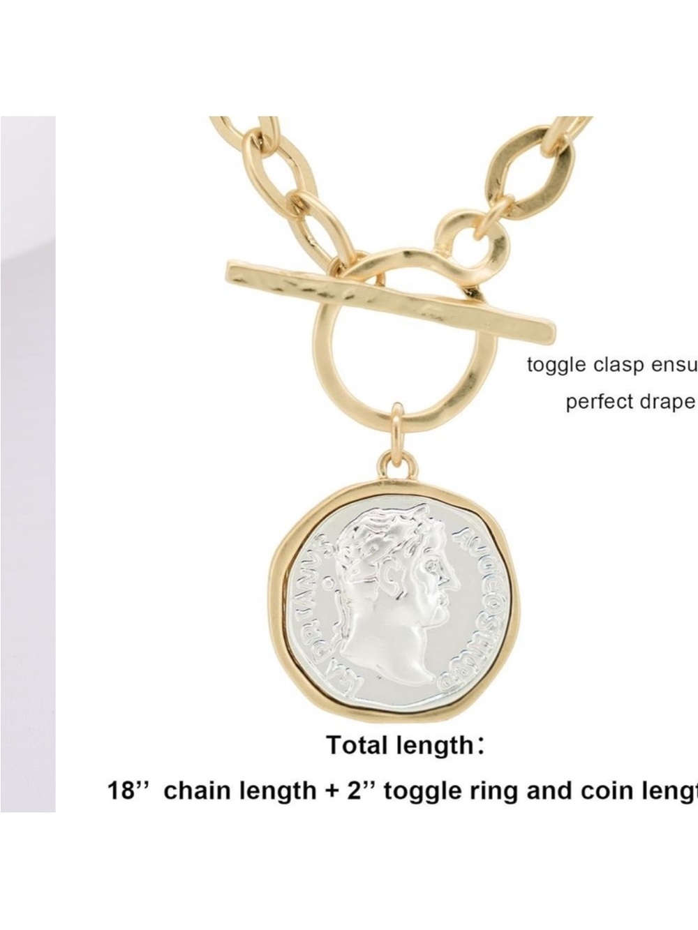 NEW 14k Gold Plated Vintage Matte Color Thick Link Chain Coin Pendant Necklace - Picture 3 of 4